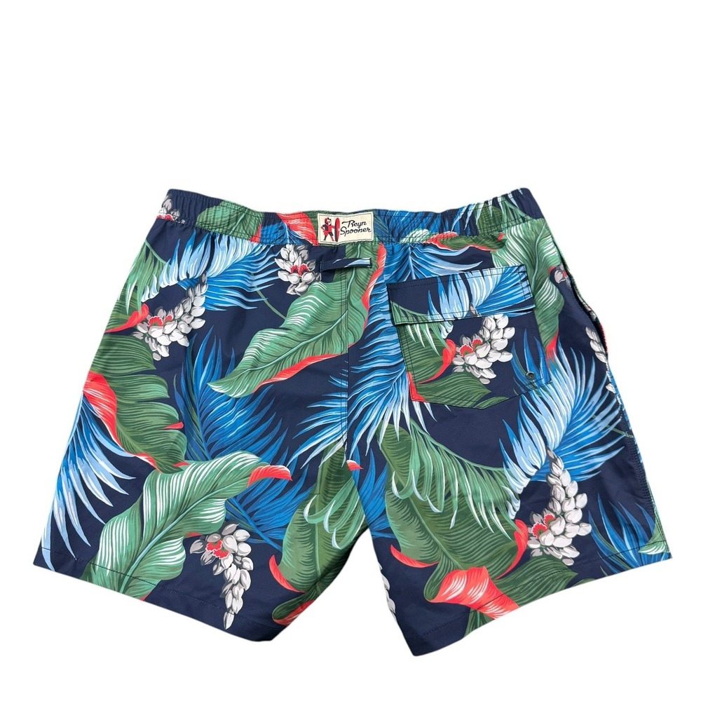 Reyn Spooner Mens Floral Hawaiian Swim Trunks Mesh Lined Blue Green XL